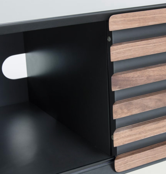 TV cabinet with 1 door in black lacquered walnut veneer and black-finished steel 120 x 48.5 cm (3)