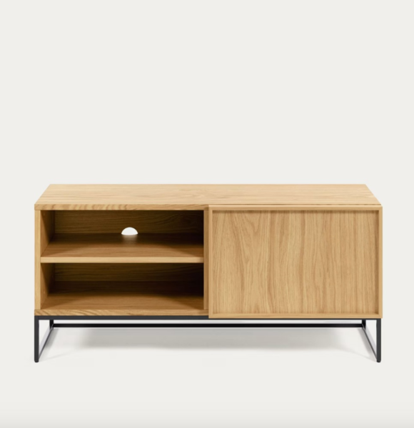 TV cabinet with 1 door in oak veneer and black-finished steel frame 112 x 51 cm (3)