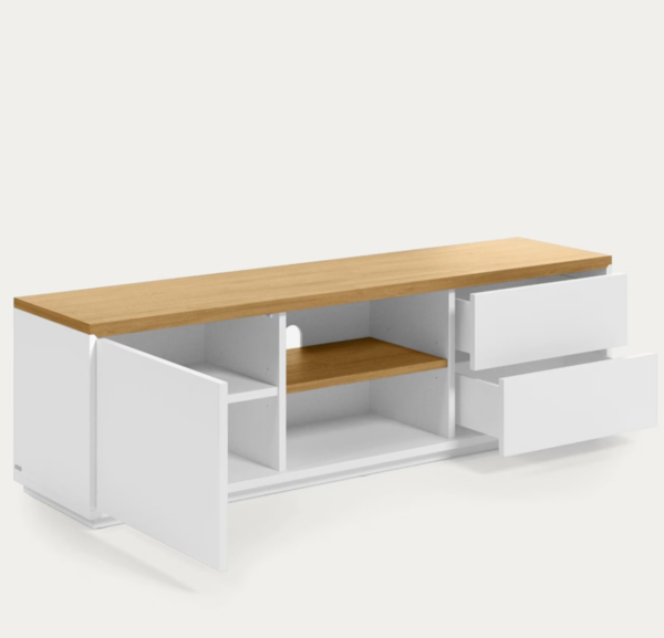 Meuble TV avec 1 porte et 2 tiroirs en placage de chêne et laqué blanc 150 x 44 cm (1)